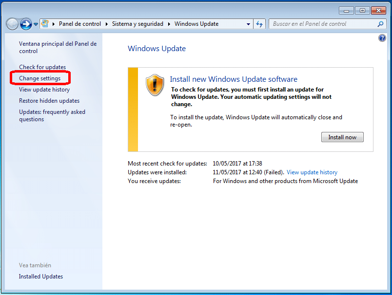 cambiar ajustes en Windows Update