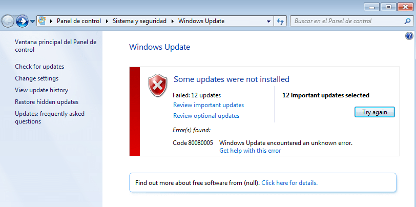 fallo al instalar actualizaciones en Windows 7