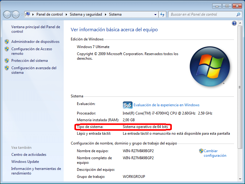 Versión del sistema operativo Windows 7